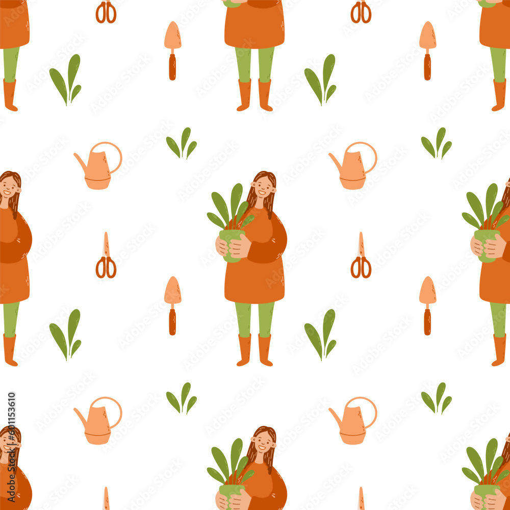 Garden vector seamless pattern. Woman with plant, watering can, scissors. Garden vector seamless pattern. Woman with plant, watering can, scissors.
