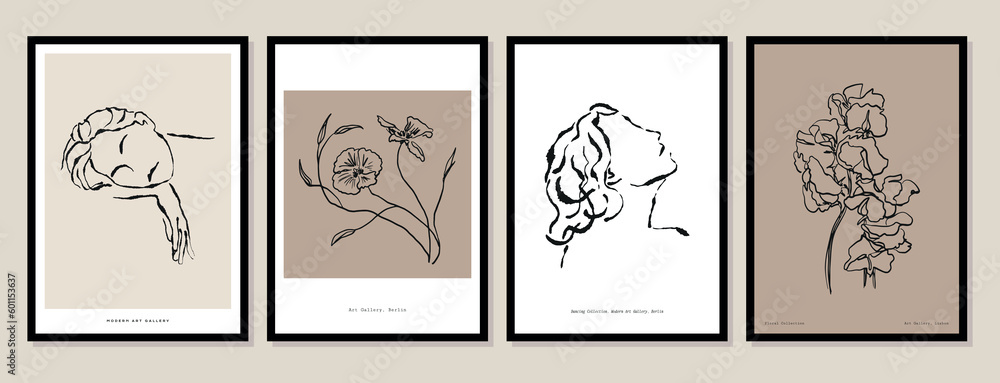 Abstract boho style botanical and female silhouettes vector art print posters for your wall art gallery