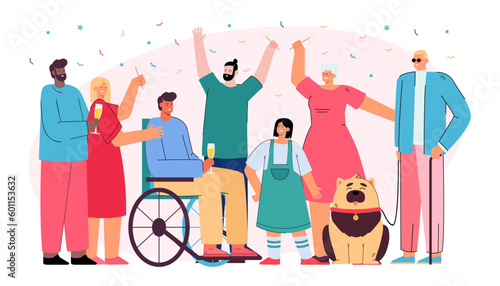 Group of diverse people celebrating birthday or holiday. Big family, happy men with disability, Caucasian and African American persons vector illustration. Diversity, inclusion, community concept