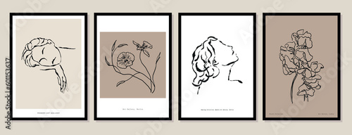 Abstract boho style botanical and female silhouettes vector art print posters for your wall art gallery