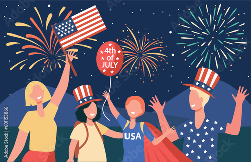 Happy people with American flag and top hats vector illustration. Drawing of Americans celebrating 4th of July, fireworks in night sky. Patriotism, Independence day, celebration, freedom concept