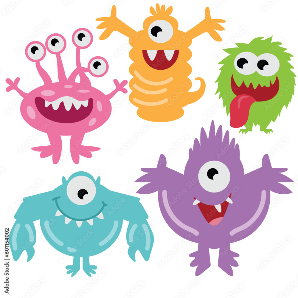 Funny colorful monsters set vector cartoon illustration