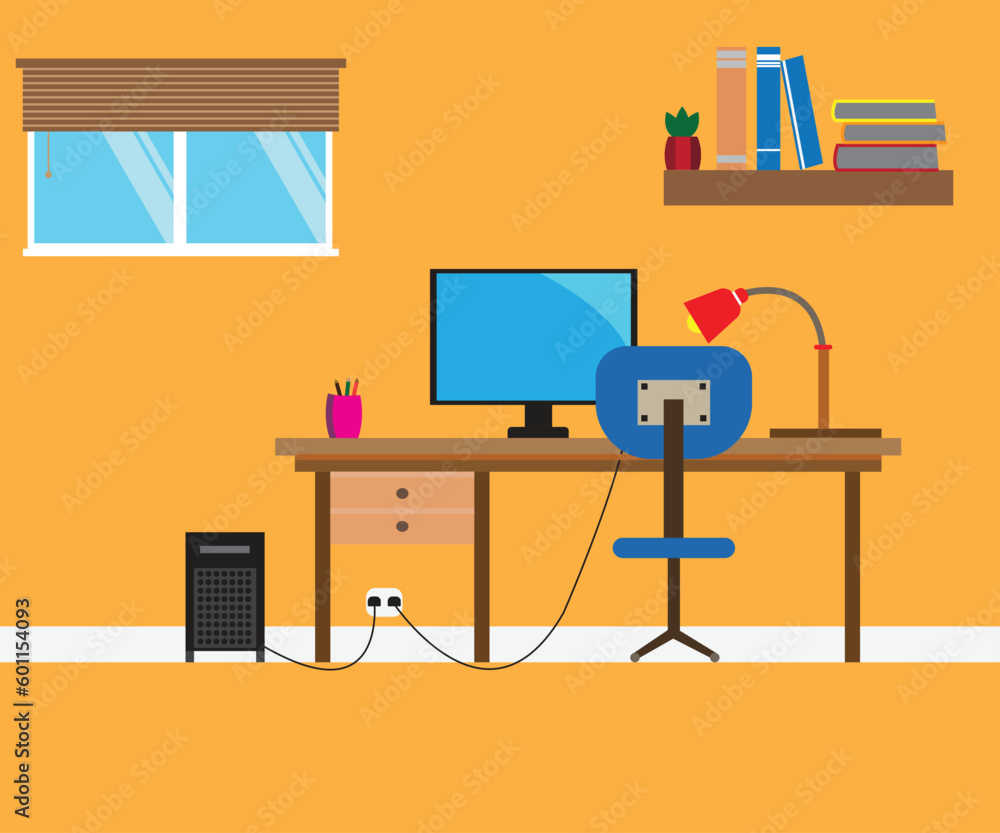 interior of a room with Computer Desk. interior of a room with Computer Desk.
