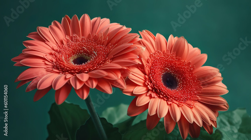 Two gerbera flowers with easter eggs. Generative ai