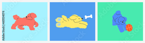 Cute dog illustration set. Puppy doing various actions on a white background. ball and pet.