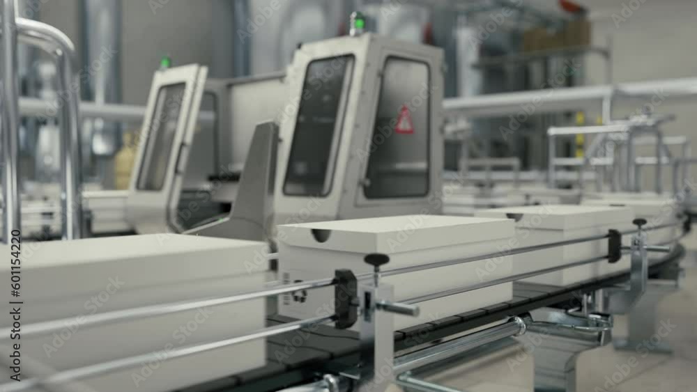Industrial manufacturing line transporting the white packages at the factory. Multiple boxes advancing through the factory manufacturing line. Products progressing on the factory manufacturing line Industrial manufacturing line transporting the white packages at the factory. Multiple boxes advancing through the factory manufacturing line. Products progressing on the factory manufacturing line