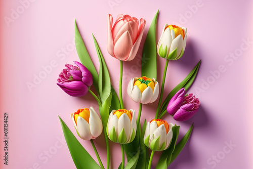 Spring tulip flowers on pink background top view in flat lay style. Greeting for Women's or Mothers Day ,made with Generative AI