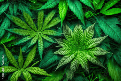 close-up shot of many marijuana leaves overlapping each other, creating a vibrant and lush green background ,made with Generative AI