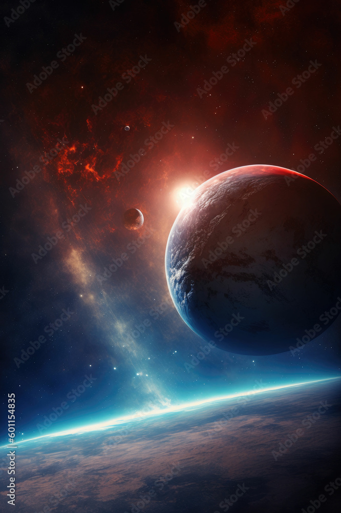 Sunrise over and frozen alien planet in space, fantasy world Sunrise over and frozen alien planet in space, fantasy world