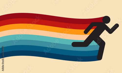 Sprinting man vector silhouette. Sprint, fast run. Runner starts running. Start. Vintage Striped Backgrounds, Posters, Banner Samples, Retro Colors from the 1970s 1980s, 70s, 80s, 90s. retro vintage 