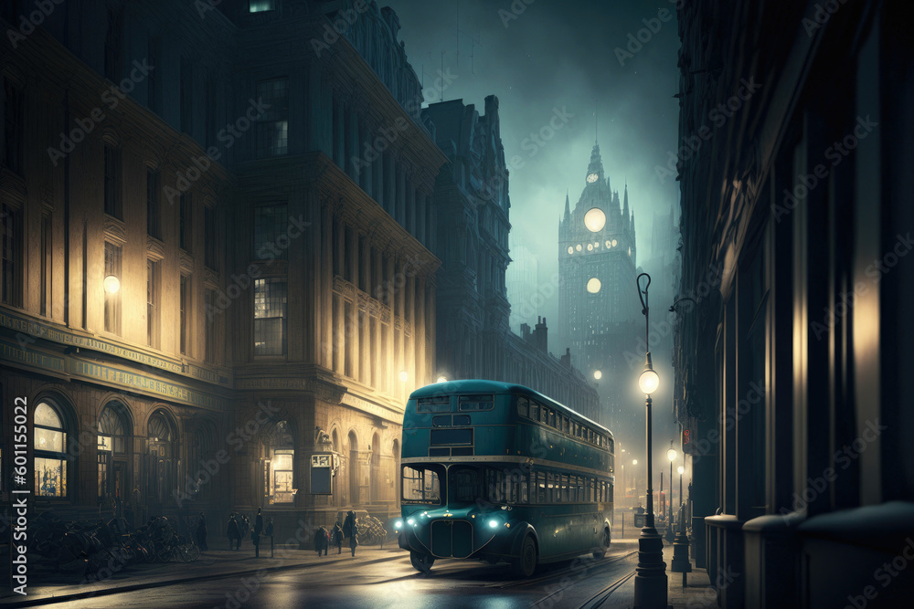 Old European city street landscape, night city in the rain painting, historical cityscape, London street of 19th century ,made with Generative AI