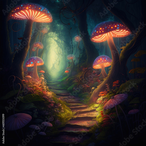 Glowing mushroom with fireflies in the magic forest ,made with Generative AI © DNY3D