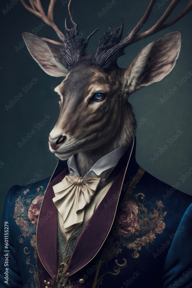Portrait of a deer in renaissance clothing ,made with Generative AI - obrazy, fototapety, plakaty 