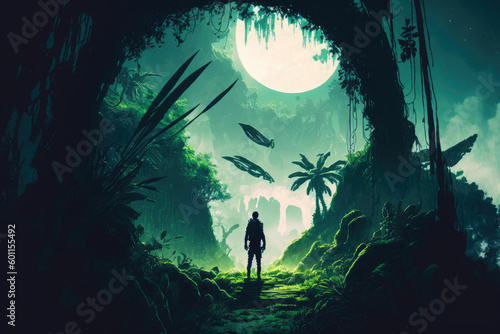 Exotic alien world, tropical night forest is like a fairytale wonderland ,made with Generative AI © DNY3D