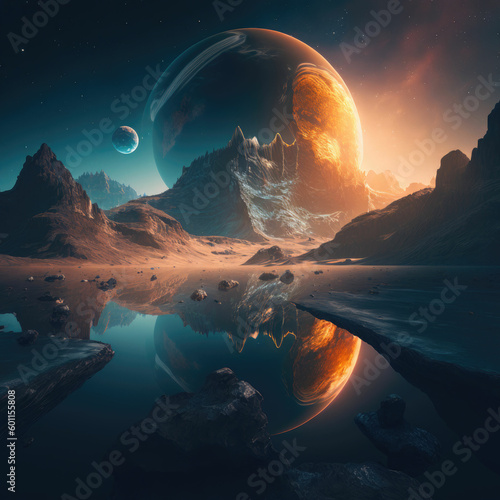 Alien planet with a moon and mountains ,made with Generative AI © DNY3D