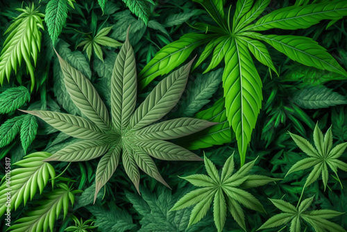 close-up shot of many marijuana leaves overlapping each other, creating a vibrant and lush green background ,made with Generative AI
