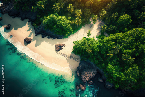 Sea waves pounding on a sandy beach, aerial view with jungle forest ,made with Generative AI