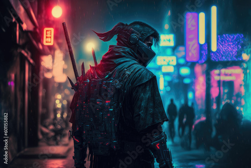 Samurai in the middle of street with blurred neon lights at night on background ,made with Generative AI