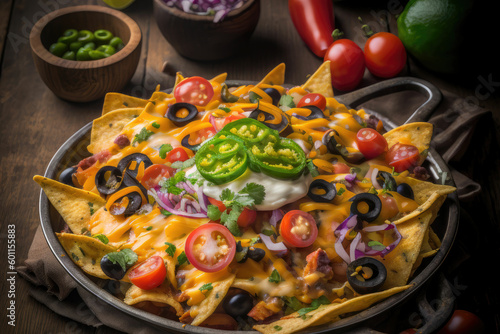 Wooden table top view of corn chips nachos served with beans, cheese, lime and coriander ,made with Generative AI