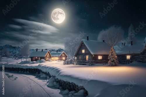 Winter in the village, landscape with christmas decorations and big snow