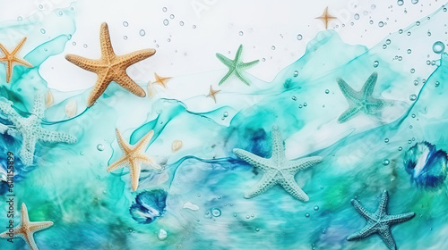 vacation and summer concept star fish banner with watercolor turquoise. Generative ai