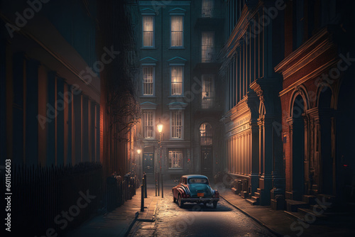 Old European city street landscape, night city in the rain painting, historical cityscape, London street of 19th century ,made with Generative AI