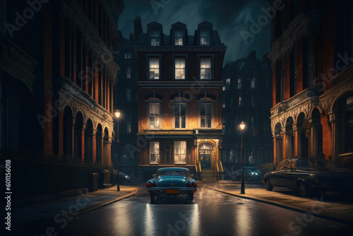 Fototapeta Naklejka Na Ścianę i Meble -  Old European city street landscape, night city in the rain painting, historical cityscape, London street of 19th century ,made with Generative AI