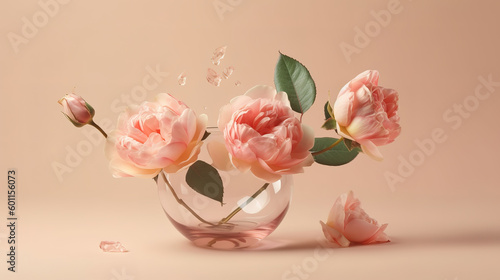 Pastel pink rose levitating bouquet on isolated beige  Nature flower buds. Generative ai