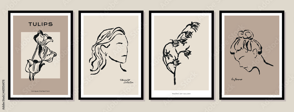 Abstract boho style botanical and female silhouettes vector art print posters for your wall art gallery Abstract boho style botanical and female silhouettes vector art print posters for your wall art gallery