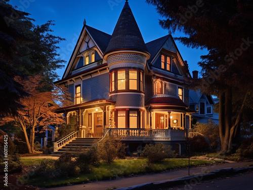 A Well Lit Home with a Queen Anne Architecture Design at Night   Generative AI