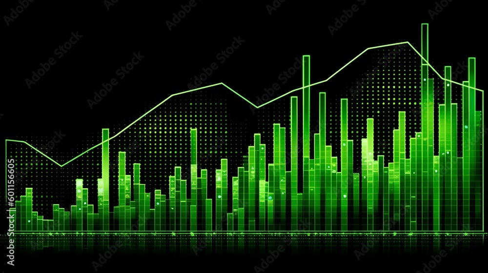 exponential graph, increasing bar graph upward to the right, green, cash increasing, profit, lots of money, business dashboard, (Generative AI)