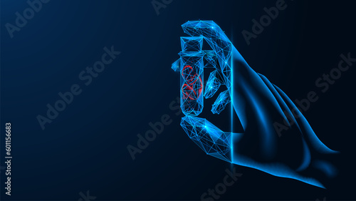 Artificial insemination. The hand holds a flask with a human embryo. Polygonal design. Blue background.