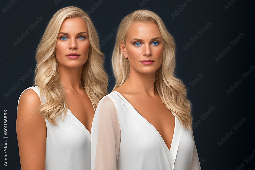 Young woman with long blond hair posing in fashionable clothes for a photo shoot in the studio. Two beautiful young blonde women in a dress. Generative AI Young woman with long blond hair posing in fashionable clothes for a photo shoot in the studio. Two beautiful young blonde women in a dress. Generative AI