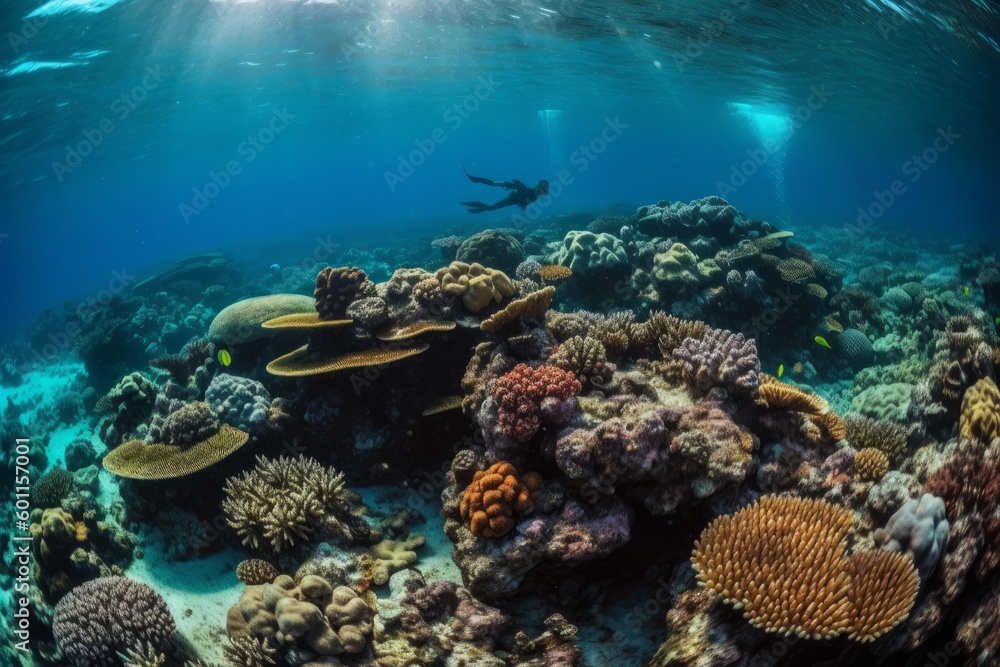 A lush natural reef teeming with sea life. Colorful tropical fish of every hue swimming by schools of parrotfish. Sea turtles gracefully gliding through the coral. Generative AI