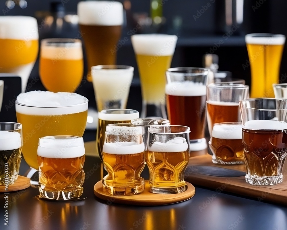 A line of small, sample-sized glasses filled with various shades of beer A line of small, sample-sized glasses filled with various shades of beer