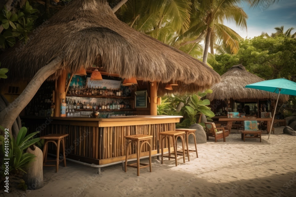 A beachfront bar serving tropical cocktails under a thatched roof. Generative AI