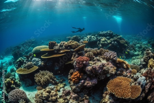 A lush natural reef teeming with sea life. Colorful tropical fish of every hue swimming by schools of parrotfish. Sea turtles gracefully gliding through the coral. Generative AI