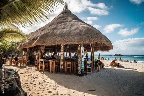 A beachfront bar serving tropical cocktails under a thatched roof. Generative AI