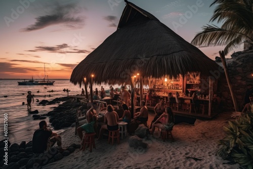 A beachfront bar serving tropical cocktails under a thatched roof. Generative AI photo