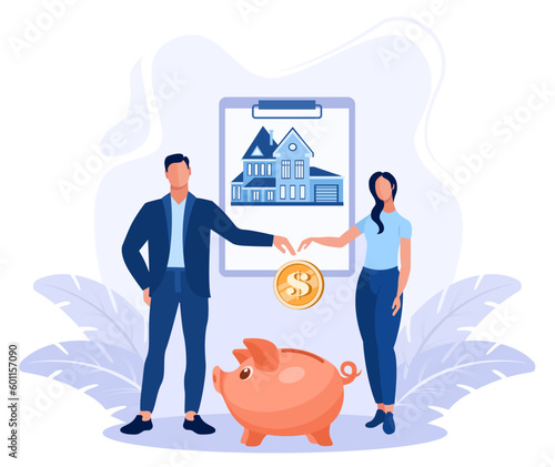The family is saving money to buy a house. The concept of a family budget, the purchase of real estate in a mortgage, on credit. Savings, saving money in a piggy bank, investing in real estate.