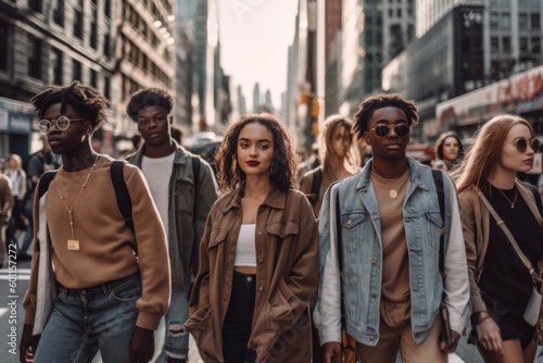 A group of millennials dressed in trendy urban clothing, walking briskly through a busy downtown street, passing by towering skyscrapers. Concept of energy and excitement. Generative AI