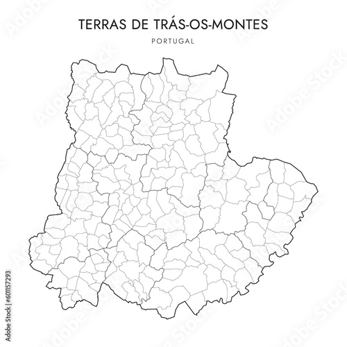 Vector Map of the Subregion of Terras de Trás-os-Montes (Comunidade Intermunicipal) with borders of Districts, Municipalities (Concelhos) and Civil Parishes (Freguesias) as of 2023 - Portugal