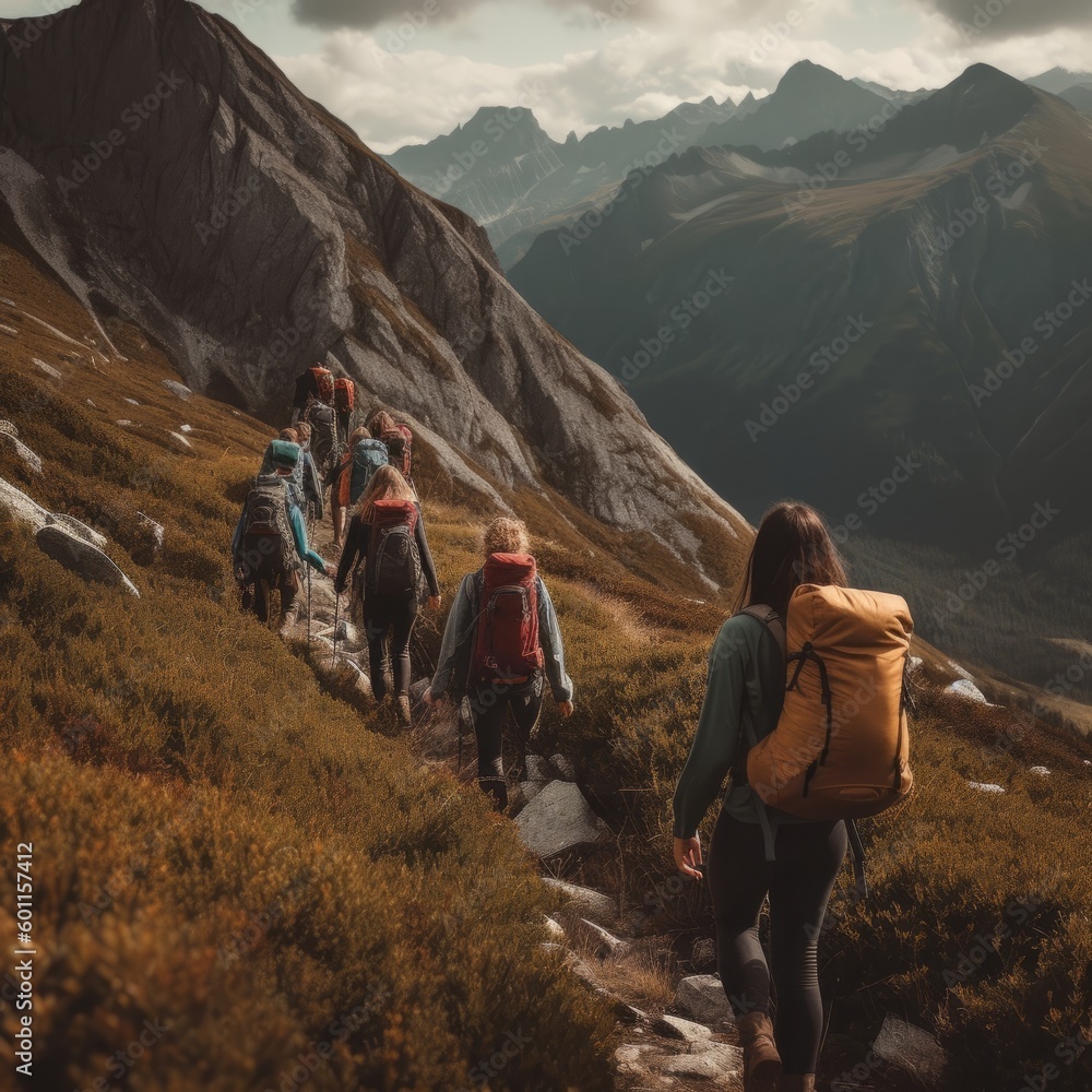 A group of young people hiking through a majestic mountain range , with backpacks, camping gear and water bottles. Concept of adventure and exploration. Generative AI
