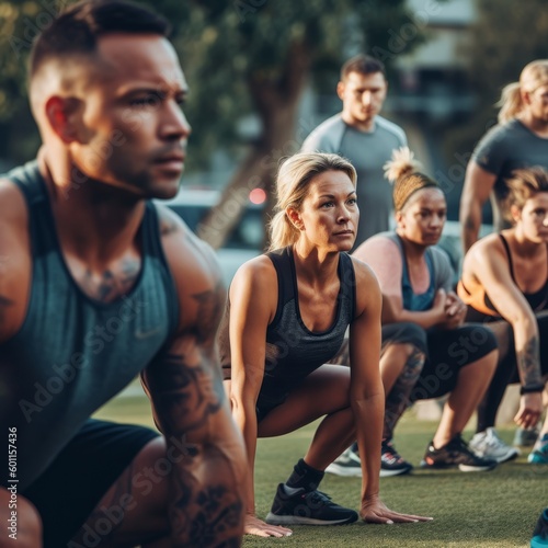 A group of fitness enthusiasts participating in a high-intensity exercise class in outdoor setting. Concept of physical activity and wellness. Generative AI