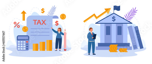 Lawyers analyzing public finances vector illustrations set. Cartoon drawings of male and female legal workers managing government taxes and spending. Finances, economy, taxation concept