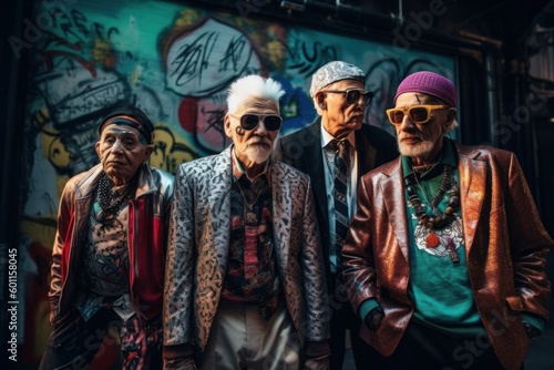 A group of extravagant elder people with retro punk outfits posing in front of a neon-lit wall, decorated with colorful graffiti and street art. Generative AI