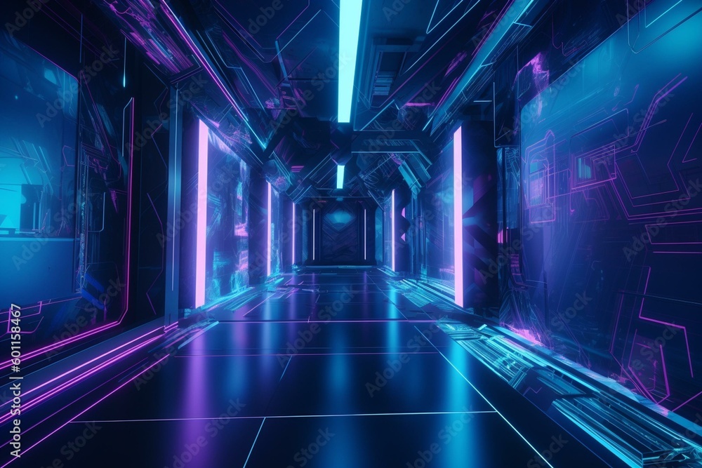 Futuristic wallpaper with blue and violet hues in 3D. Generative AI