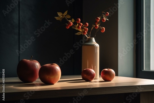 Minimalist home decor with apples and vase. Generative AI
