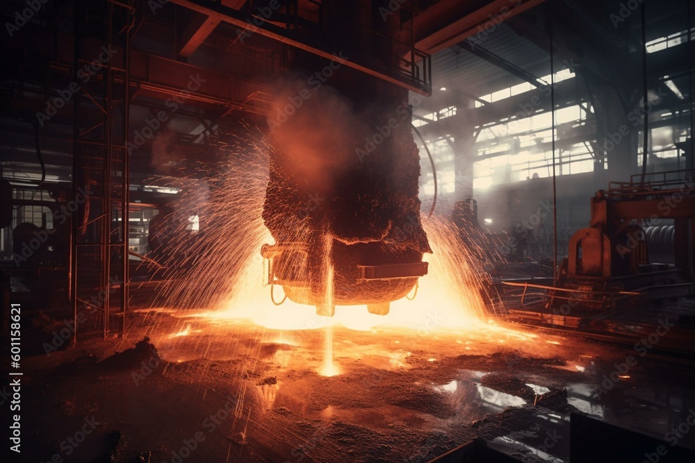 Hot steel poured into smelting furnace with double exposure. Generative AI