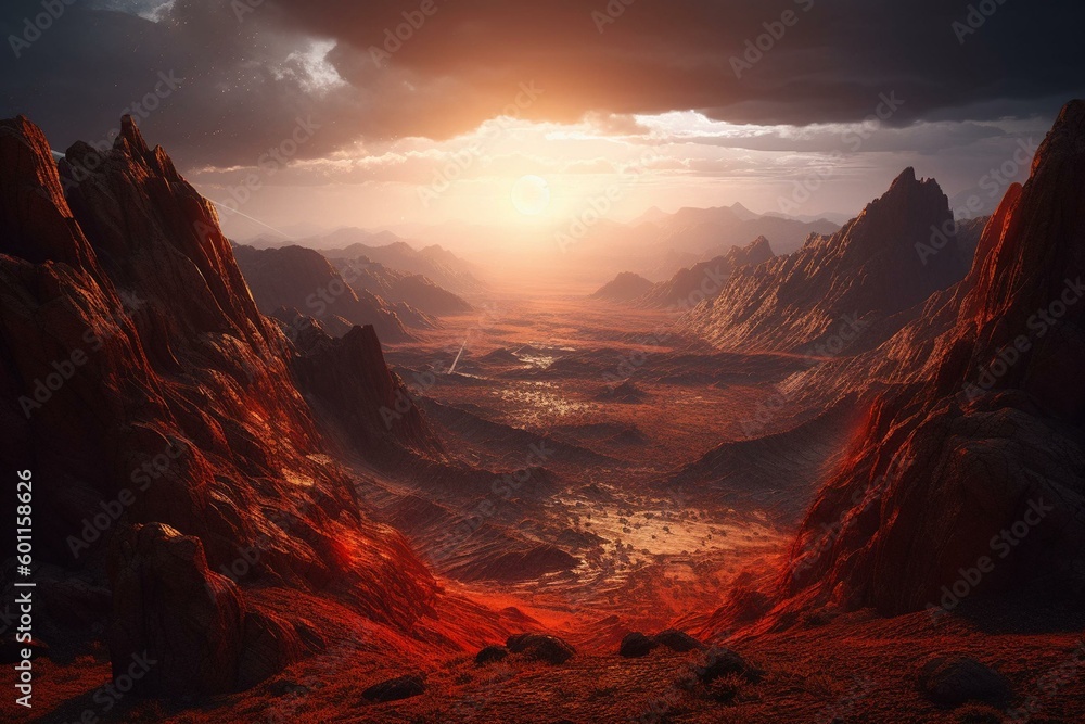 Illustration of a red sky mountain canyon landscape on Mars, with a science fiction vibe. Generative AI